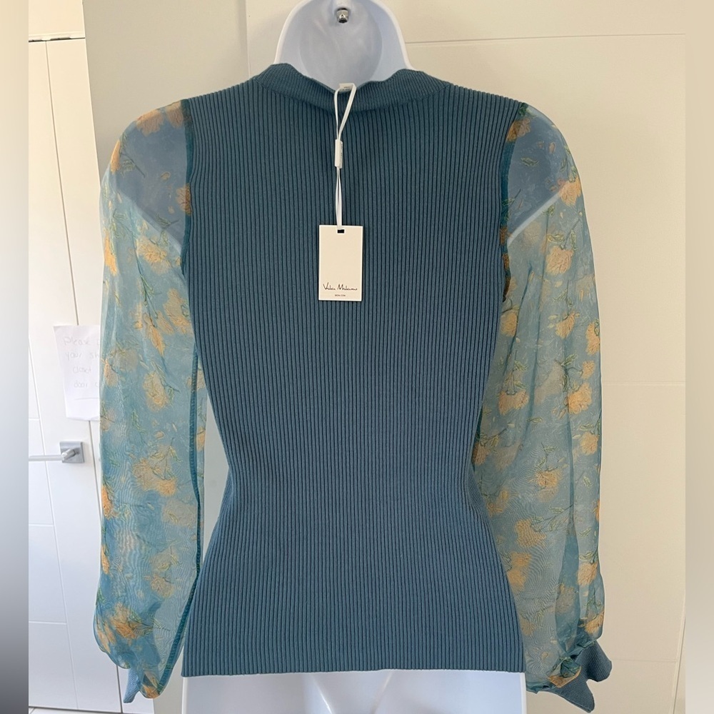 NWT Vila Milano/ Sweater/ Airforce Blue/ Sheer Floral Bubble Sleeves/ Size US XS - Picture 5 of 14